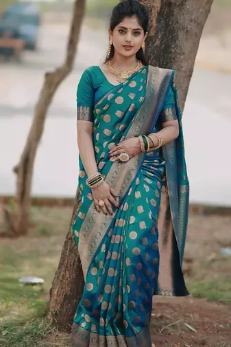 Rama silk blend banarasi saree with unstitched blouse piece