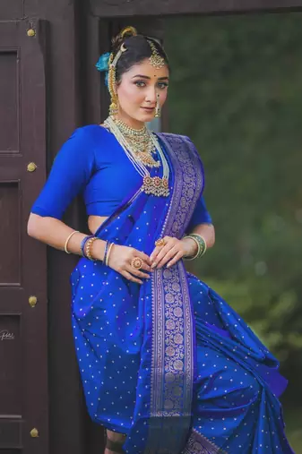 Royal blue soft silk blend banarasi jacuard work designer party wear saree with unstitched blouse piece