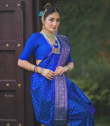 Royal blue silk blend banarasi saree with unstitched blouse piece