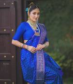 Royal blue silk blend banarasi saree with unstitched blouse piece