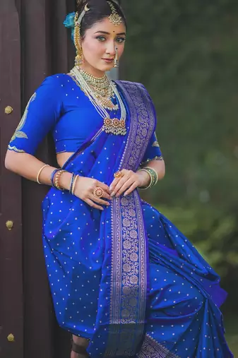 Royal blue soft silk blend banarasi jacuard work designer party wear saree with unstitched blouse piece