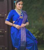 Royal blue soft silk blend banarasi jacuard work designer party wear saree with unstitched blouse piece
