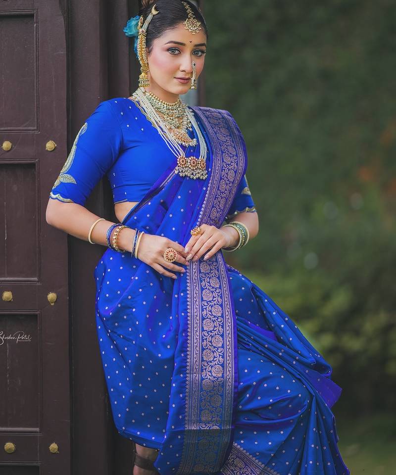 Royal blue soft silk blend banarasi jacuard work designer party wear saree with unstitched blouse piece
