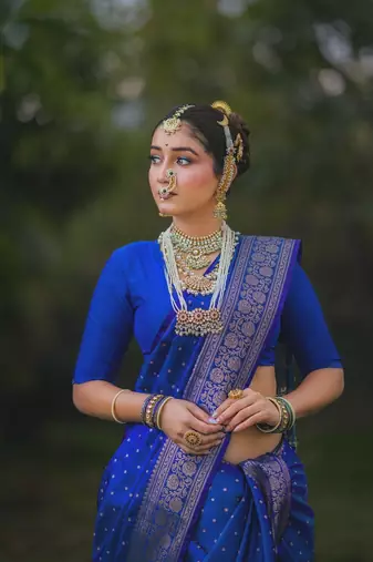 Royal blue silk blend banarasi saree with unstitched blouse piece