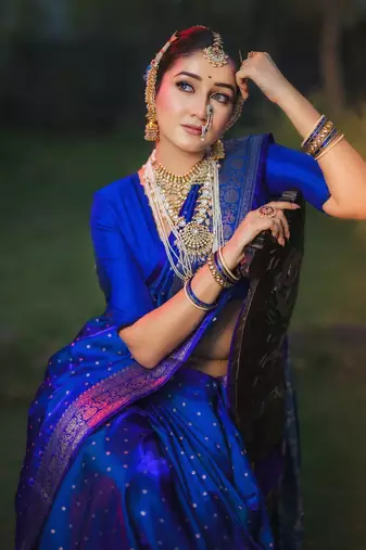 Royal blue silk blend banarasi saree with unstitched blouse piece