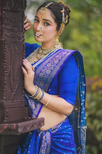 Royal blue silk blend banarasi saree with unstitched blouse piece