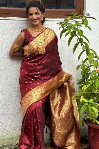 Maroon soft silk blend banarasi jacuard work designer party wear saree with unstitched blouse piece