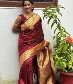 Maroon soft silk blend banarasi jacuard work designer party wear saree with unstitched blouse piece