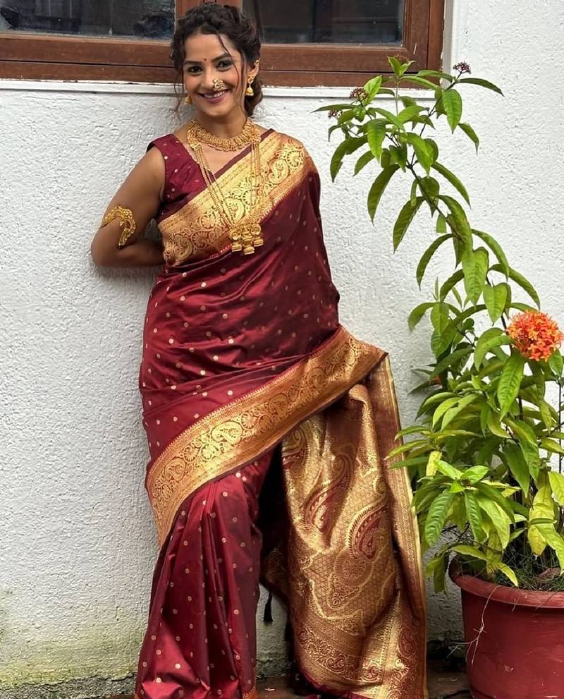 Maroon soft silk blend banarasi jacuard work designer party wear saree with unstitched blouse piece