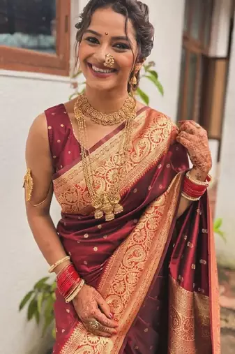 Maroon silk blend banarasi saree with unstitched blouse piece