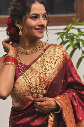 Maroon silk blend banarasi saree with unstitched blouse piece