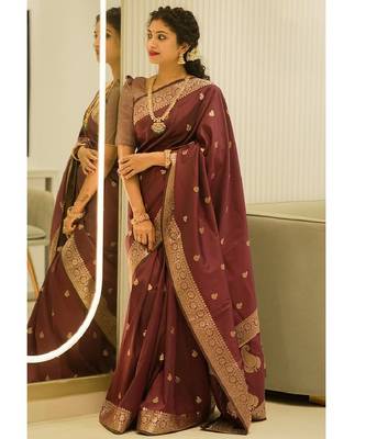 Maroon silk blend banarasi saree with unstitched blouse piece 1