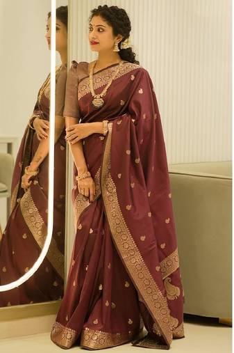 Maroon soft silk blend banarasi jacuard work designer party wear saree with unstitched blouse piece