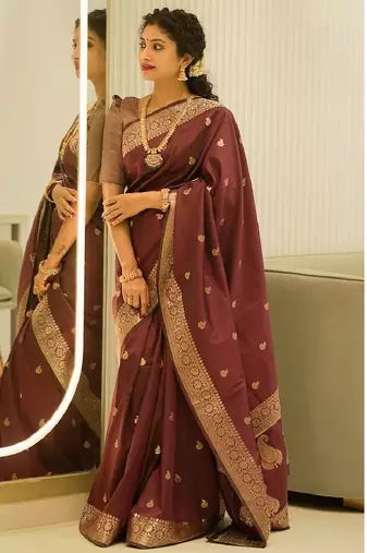 Maroon soft silk blend banarasi jacuard work designer party wear saree with unstitched blouse piece