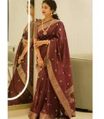 Maroon soft silk blend banarasi jacuard work designer party wear saree with unstitched blouse piece