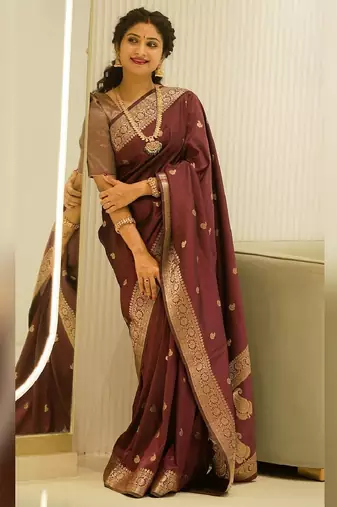 Maroon silk blend banarasi saree with unstitched blouse piece