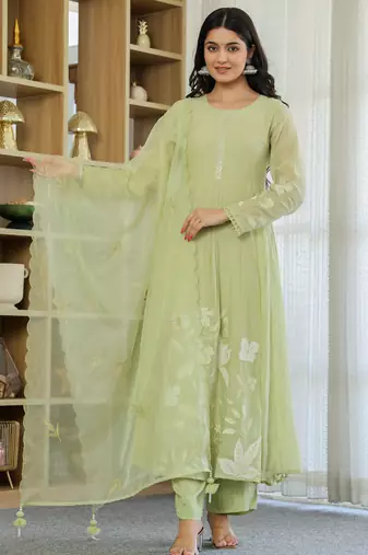 Women's chanderi silk sequin embroidered olive green kurta pant set with chanderi dupatta