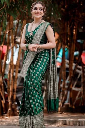Green soft silk blend banarasi jacuard work designer party wear saree with unstitched blouse piece