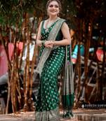 Green soft silk blend banarasi jacuard work designer party wear saree with unstitched blouse piece