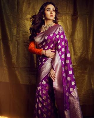 Purple silk blend banarasi saree with unstitched blouse piece 1