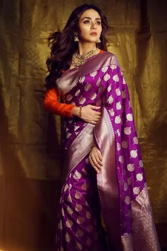 Purple soft silk blend banarasi jacuard work designer party wear saree with unstitched blouse piece