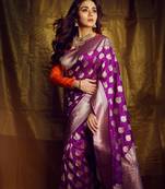 Purple soft silk blend banarasi jacuard work designer party wear saree with unstitched blouse piece