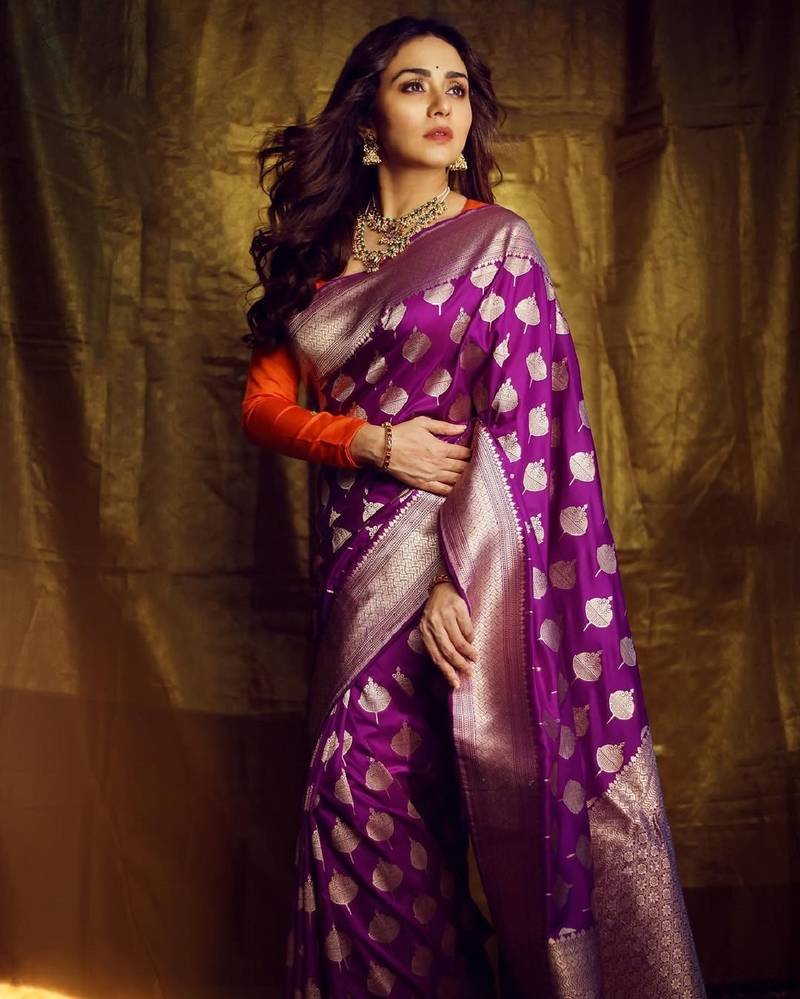 Purple soft silk blend banarasi jacuard work designer party wear saree with unstitched blouse piece