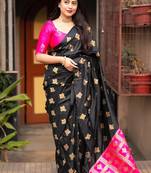 Black pink soft silk blend banarasi jacuard work designer party wear saree with unstitched blouse piece
