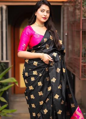 Black pink silk blend banarasi saree with unstitched blouse piece 3