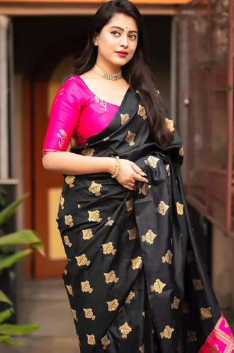 Black pink silk blend banarasi saree with unstitched blouse piece