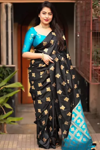Black rama soft silk blend banarasi jacuard work designer party wear saree with unstitched blouse piece