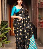 Black rama soft silk blend banarasi jacuard work designer party wear saree with unstitched blouse piece