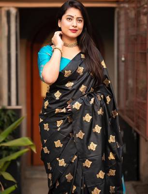 Black rama silk blend banarasi saree with unstitched blouse piece 2