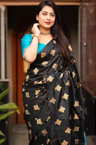 Black rama silk blend banarasi saree with unstitched blouse piece