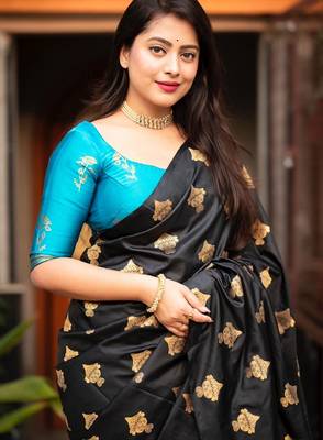 Black rama silk blend banarasi saree with unstitched blouse piece 3