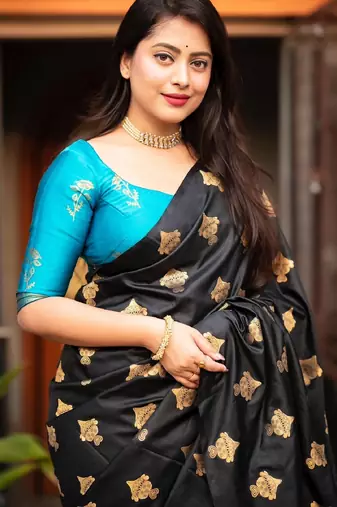Black rama silk blend banarasi saree with unstitched blouse piece