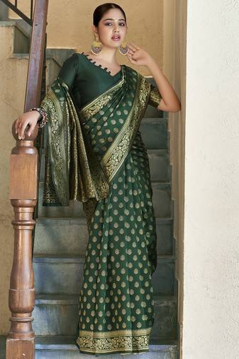 Green soft silk blend banarasi jacuard work designer party wear saree with unstitched blouse piece