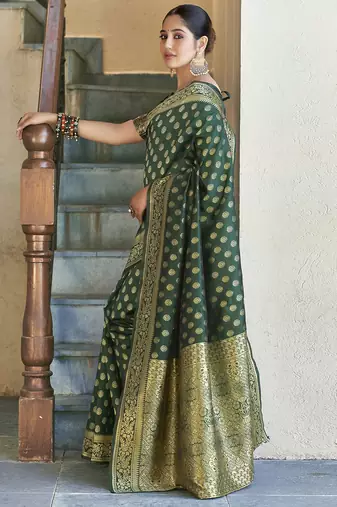 Green silk blend banarasi saree with unstitched blouse piece