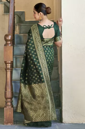 Green silk blend banarasi saree with unstitched blouse piece