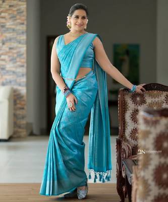 Sky blue silk blend banarasi saree with unstitched blouse piece 1