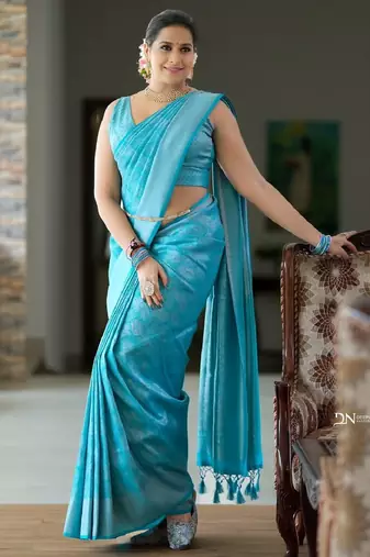 Sky blue soft silk blend banarasi jacuard work designer party wear saree with unstitched blouse piece