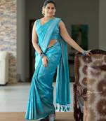 Sky blue soft silk blend banarasi jacuard work designer party wear saree with unstitched blouse piece