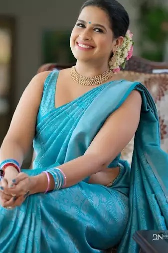 Sky blue silk blend banarasi saree with unstitched blouse piece