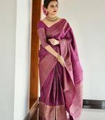 Purple soft silk blend banarasi jacuard work designer party wear saree with unstitched blouse piece