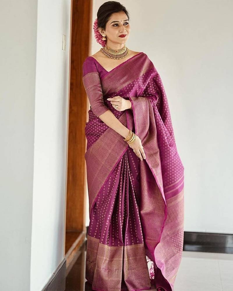 Purple soft silk blend banarasi jacuard work designer party wear saree with unstitched blouse piece