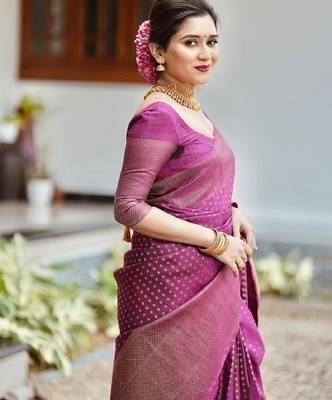Purple silk blend banarasi saree with unstitched blouse piece 2