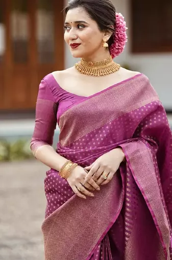 Purple silk blend banarasi saree with unstitched blouse piece