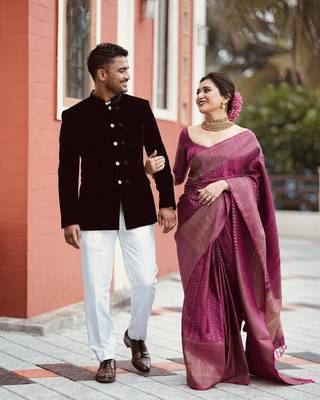 Purple silk blend banarasi saree with unstitched blouse piece 4