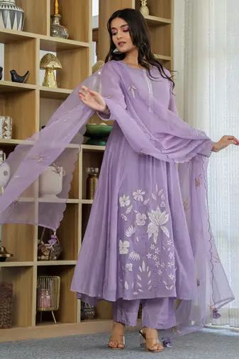 Women's chanderi silk sequin embroidered purple kurta pant set with chanderi dupatta