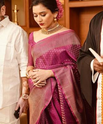 Purple silk blend banarasi saree with unstitched blouse piece 5